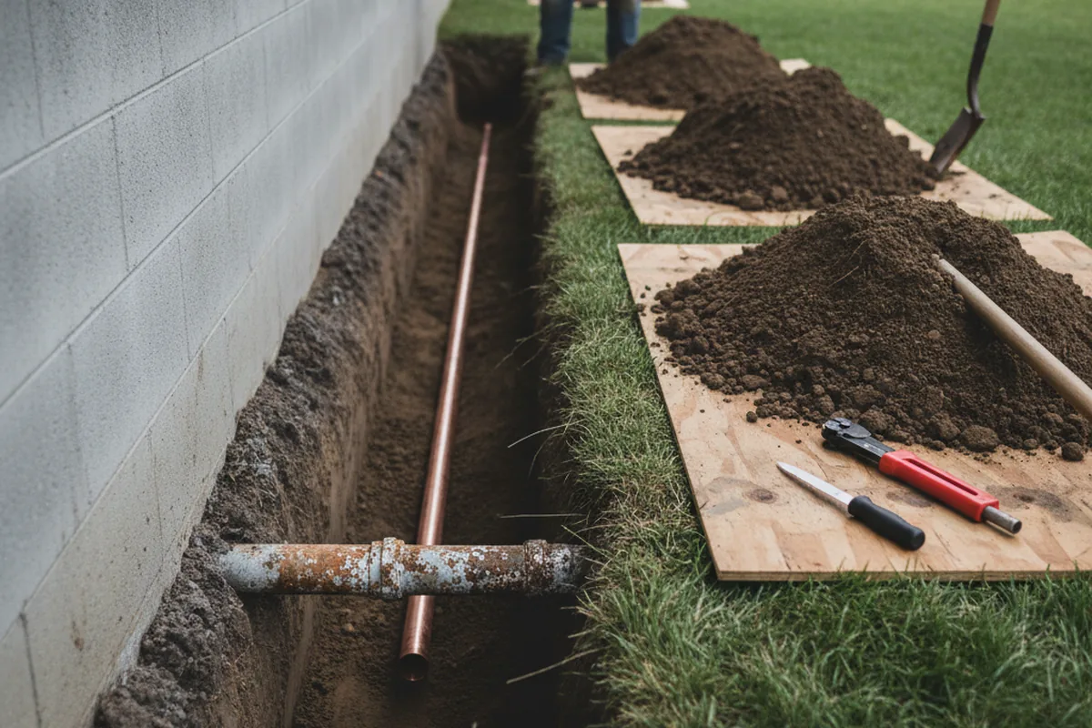 Excavated water line trench during Water Heater Repair in Gonzales